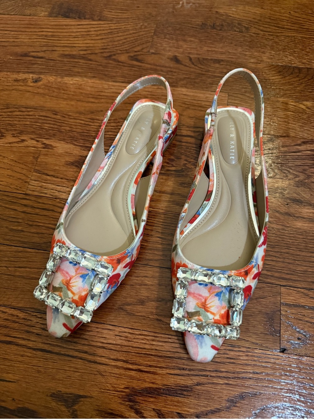Floral Slingback Flats with Crystal Buckle - Multi